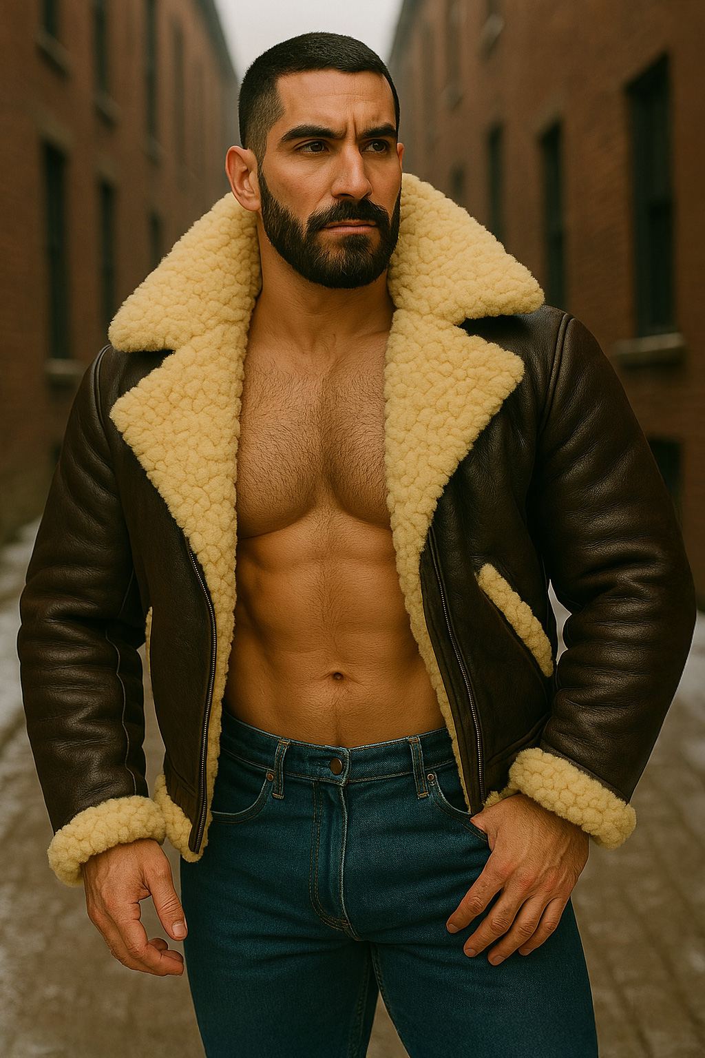 Cheveux ras et barbe noire, blouson aviateur cuir brun ouvert sur abdominaux, immenses revers mouton crème, regard de côté.