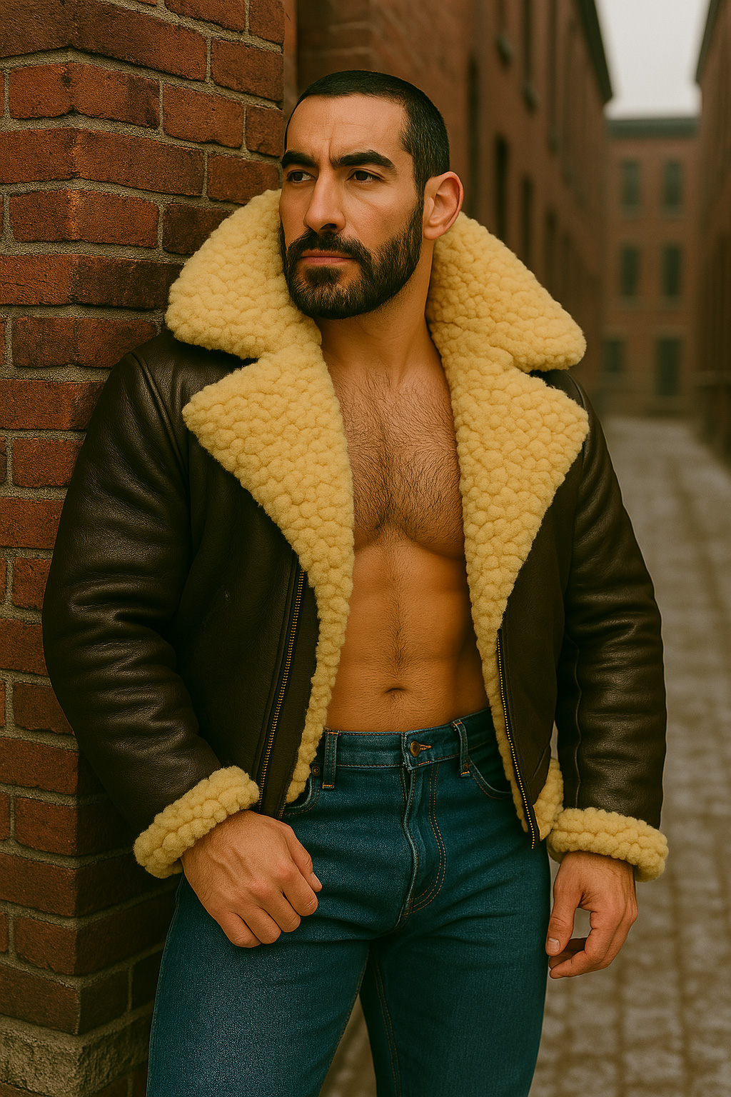 Adossé au mur de briques, cheveux ras et barbe noire, blouson aviateur cuir brun, larges revers mouton crème, regard latéral.