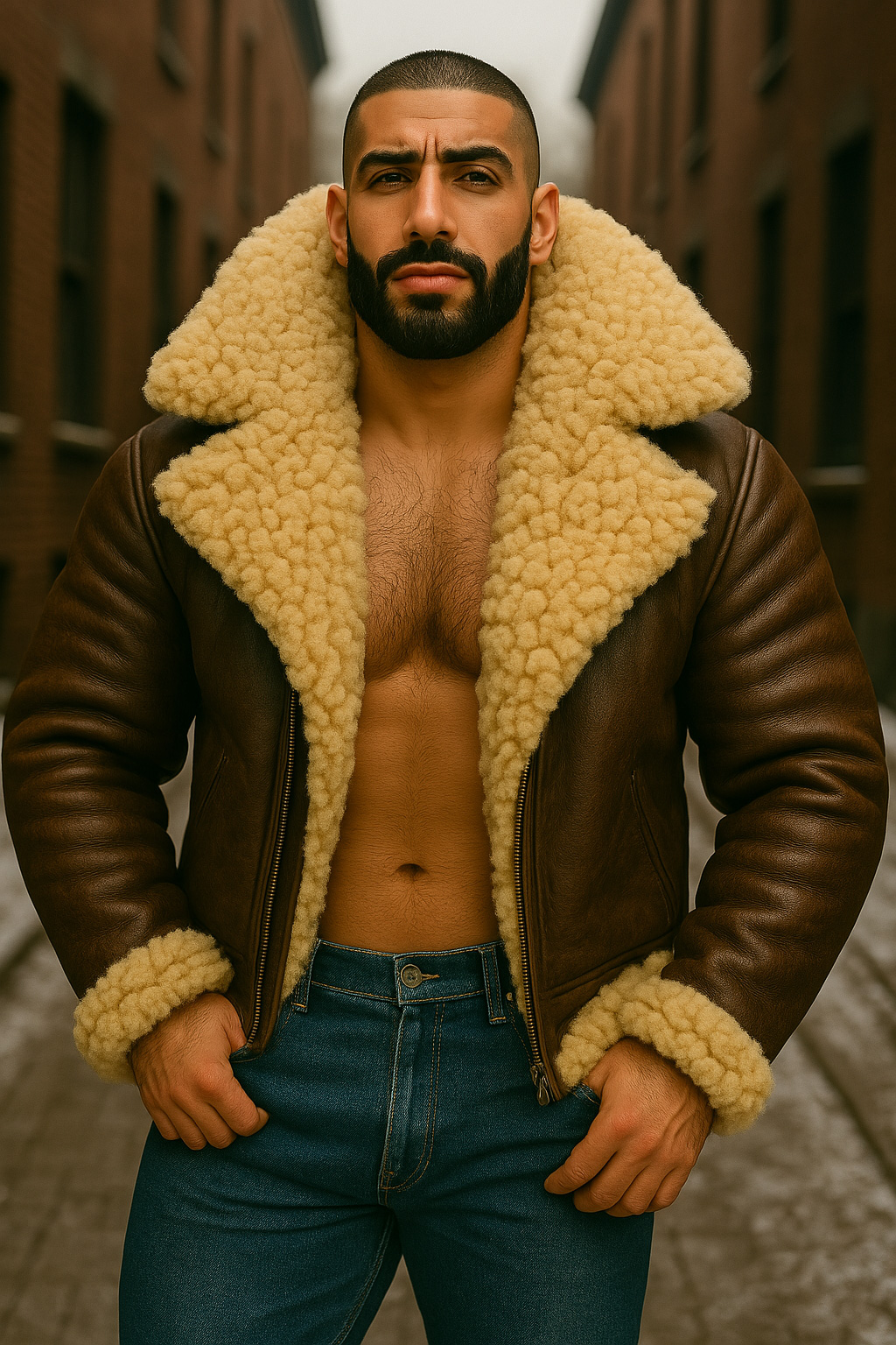 Colosse au crâne rasé et barbe noire, blouson aviateur cuir brun ouvert, épais col mouton crème sur torse nu, ruelle.