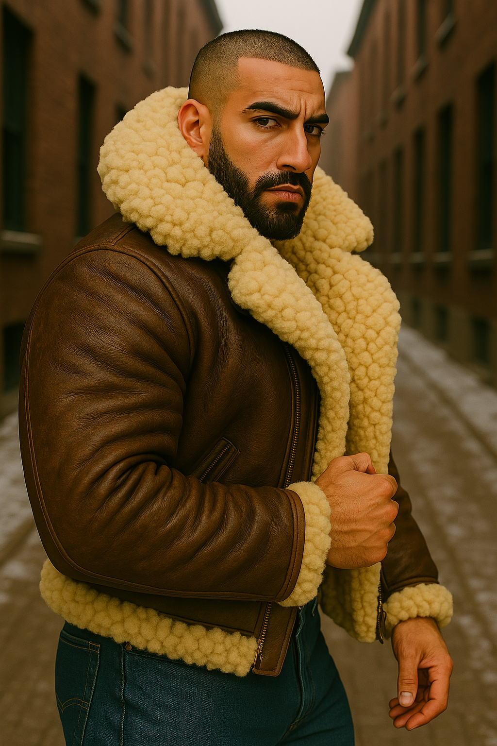 De trois-quarts, crâne rasé et barbe noire, il agrippe le col mouton crème de son blouson aviateur cuir brun.