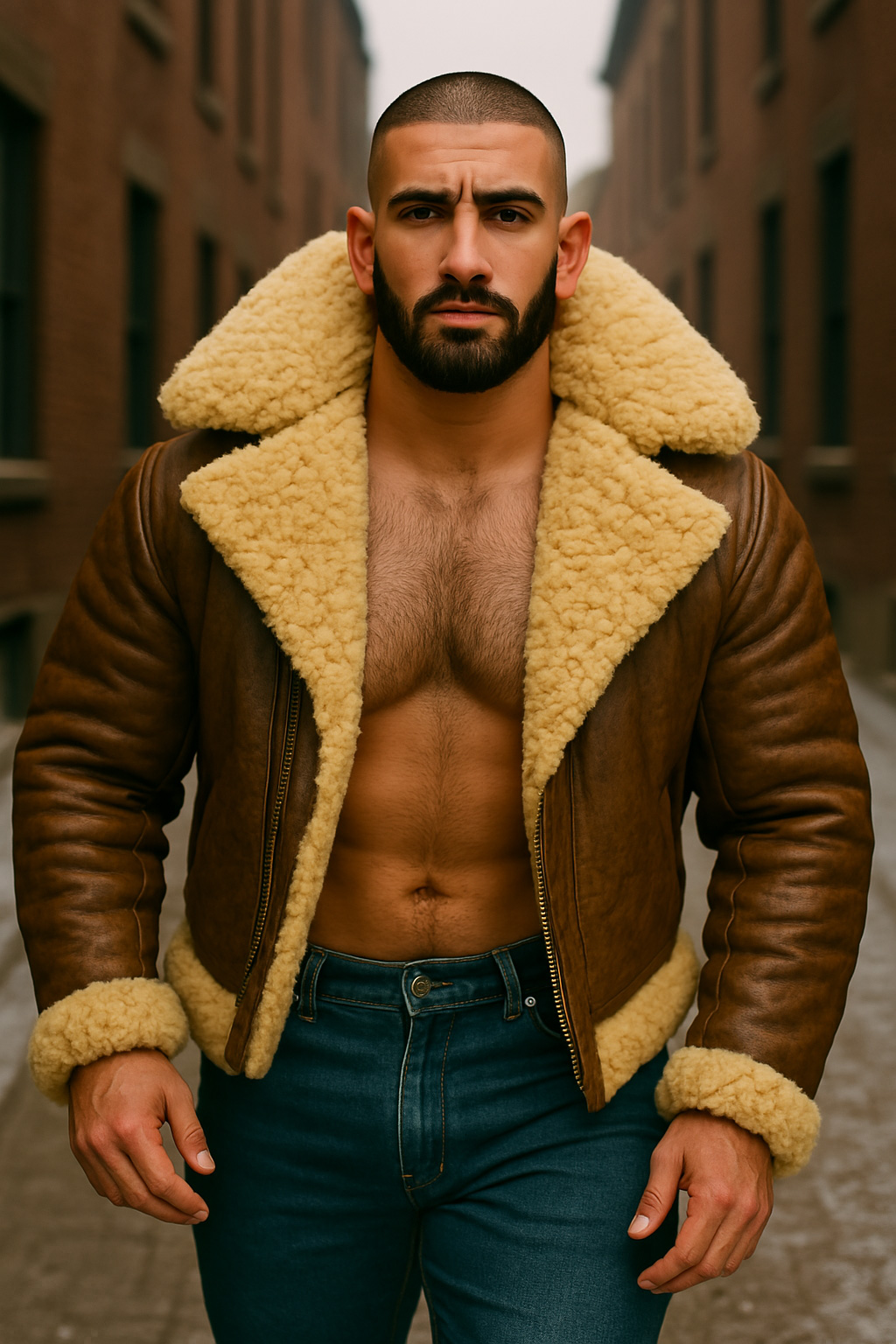 Crâne rasé et barbe noire, il avance vers l'objectif, blouson aviateur cuir brun ouvert, larges revers en mouton crème.