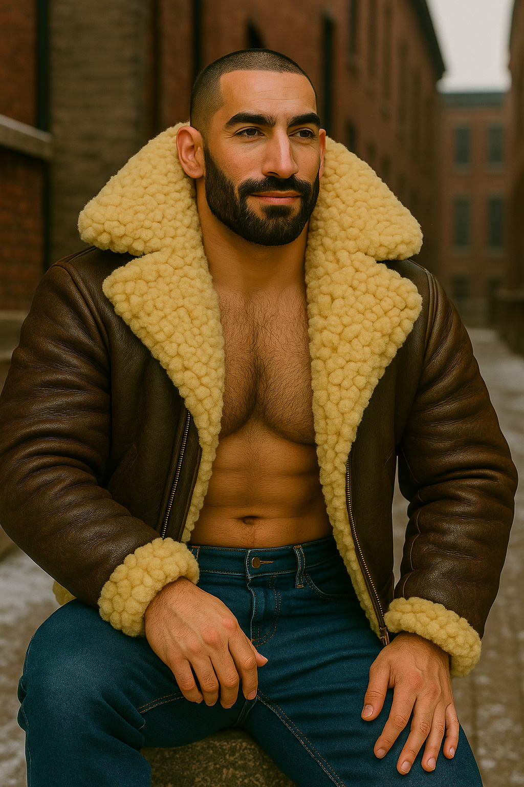 Assis, crâne rasé et barbe noire, mains sur les genoux, blouson aviateur cuir brun ouvert, épais col mouton crème.