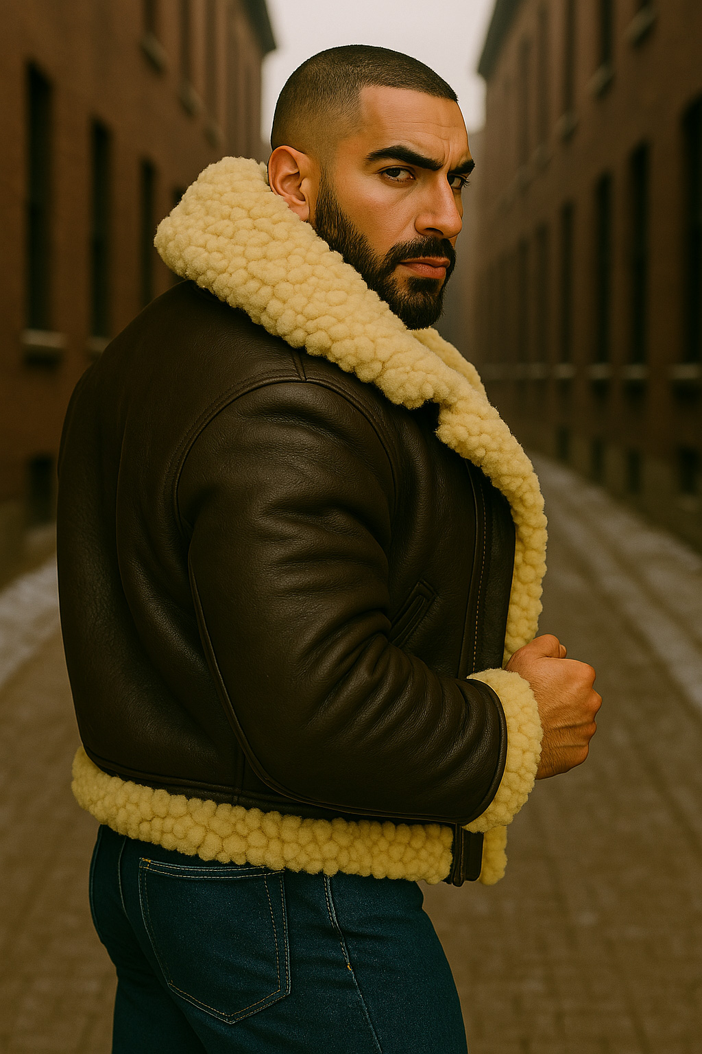 De dos, crâne rasé et barbe noire, il se retourne, blouson aviateur cuir brun, col mouton crème rabattu.