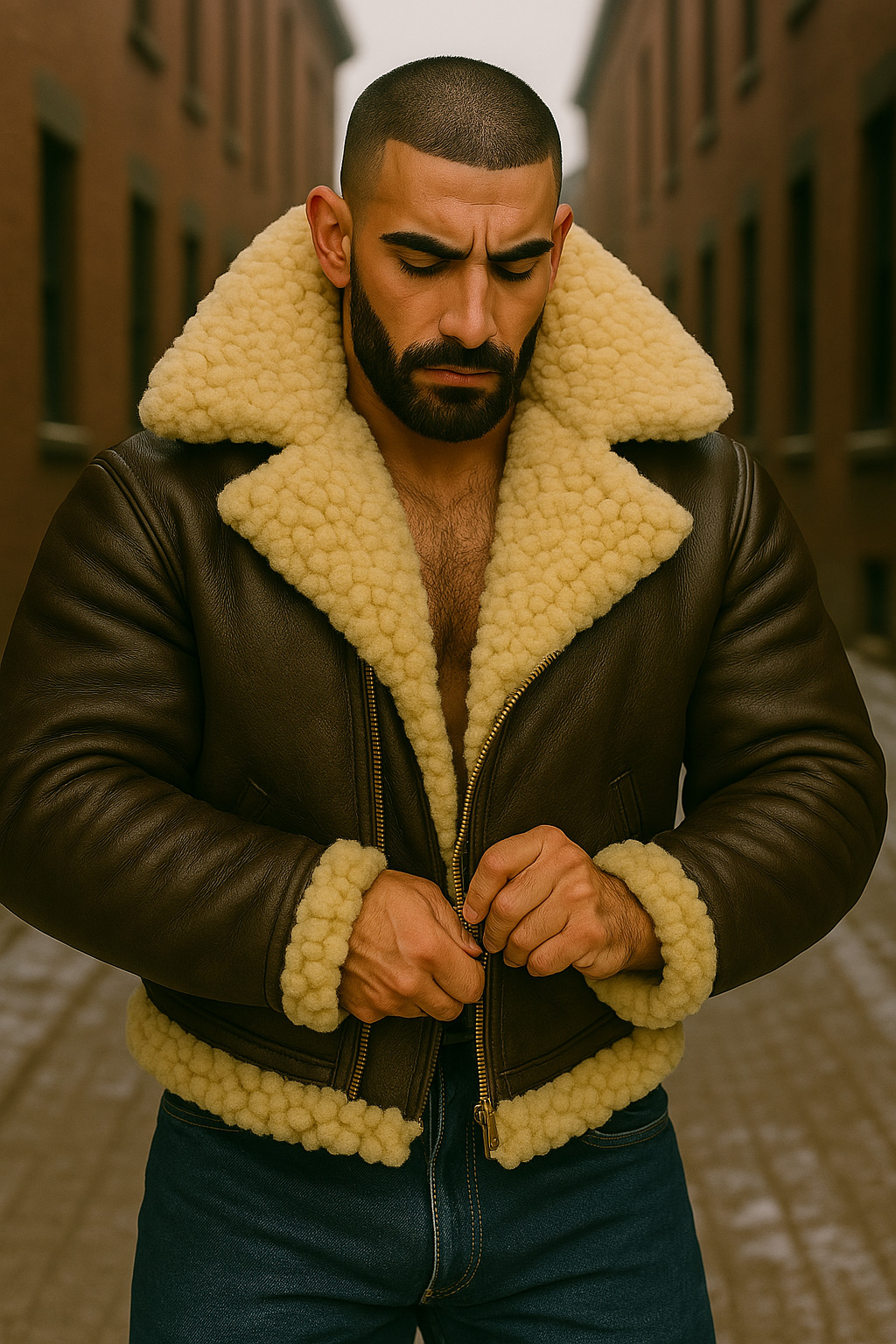 Tête baissée, crâne rasé et barbe noire, il ferme le zip du blouson aviateur cuir brun, col mouton crème.