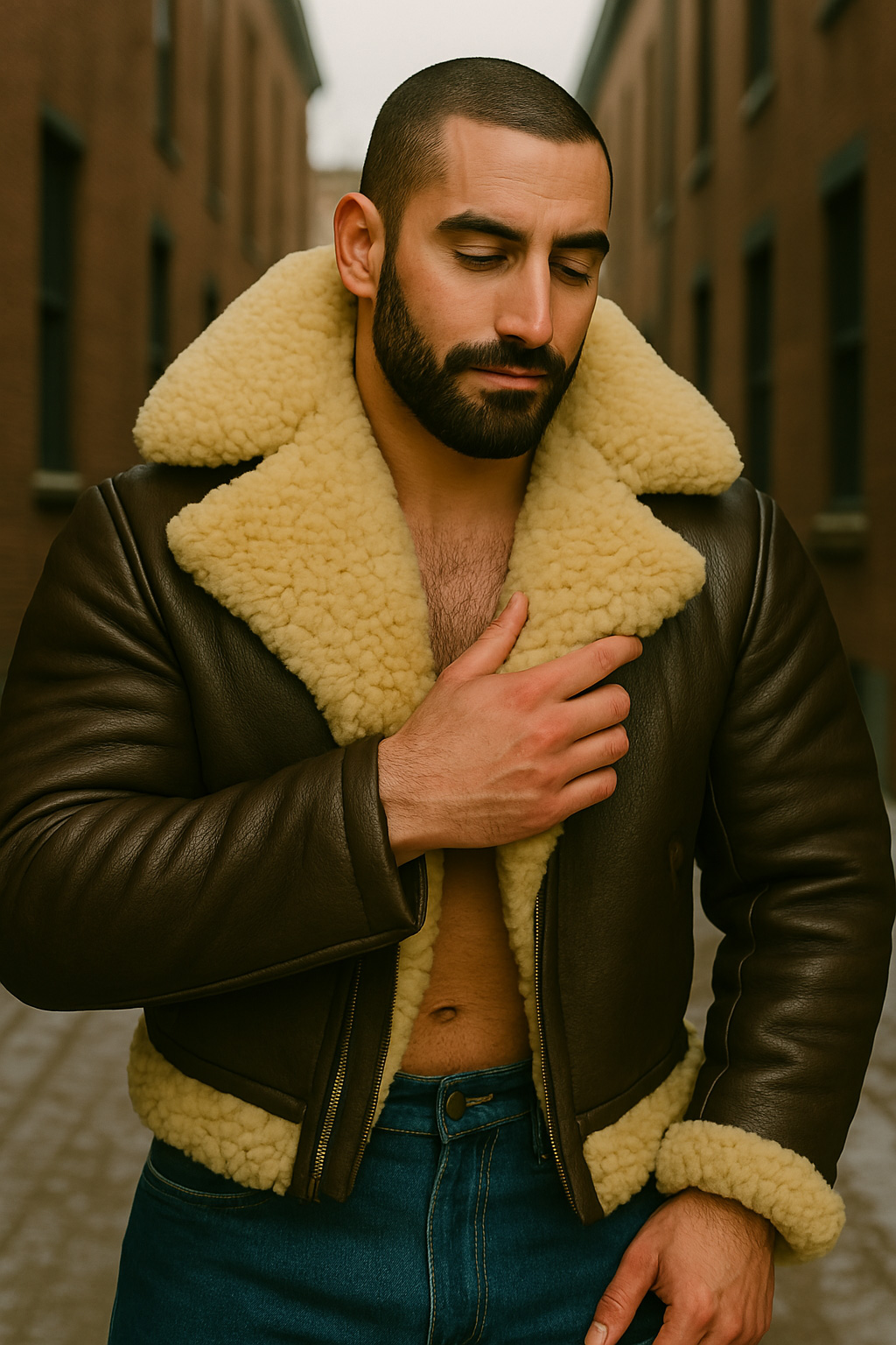 Crâne rasé et barbe noire, main posée sur le torse, il caresse le col mouton crème, blouson cuir brun.