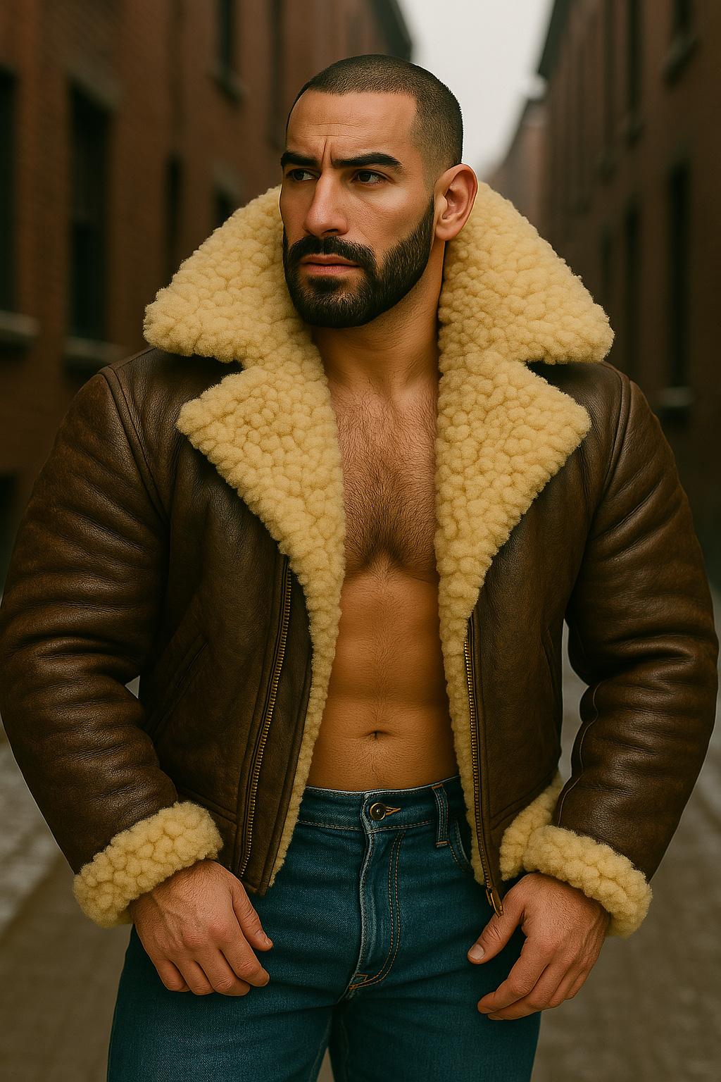Crâne rasé et barbe noire, blouson aviateur cuir brun ouvert, immenses revers mouton crème encadrant le torse nu, regard latéral.