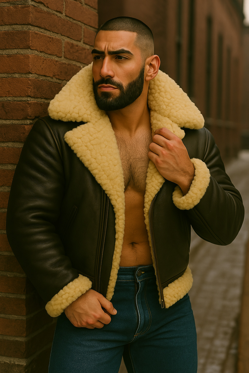 Adossé au mur de briques, crâne rasé et barbe noire, il tient le col mouton crème, blouson cuir brun.