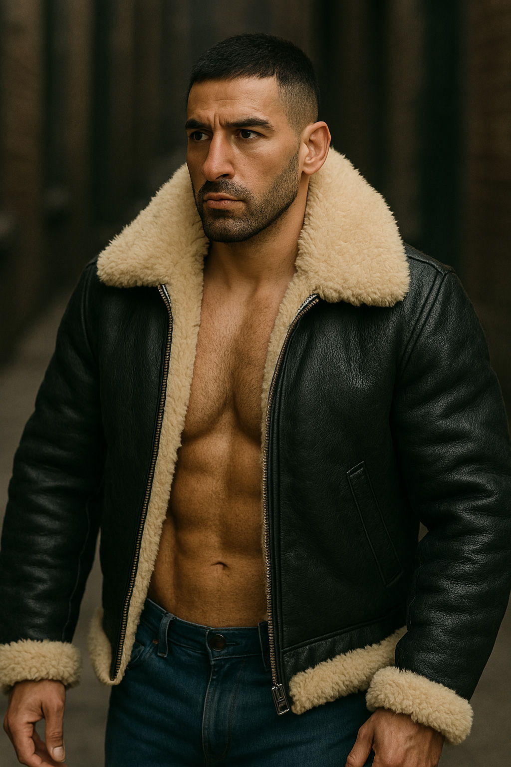 Cheveux courts, barbe légère, blouson aviateur cuir noir ouvert sur les abdominaux, col mouton crème, regard tourné de côté.