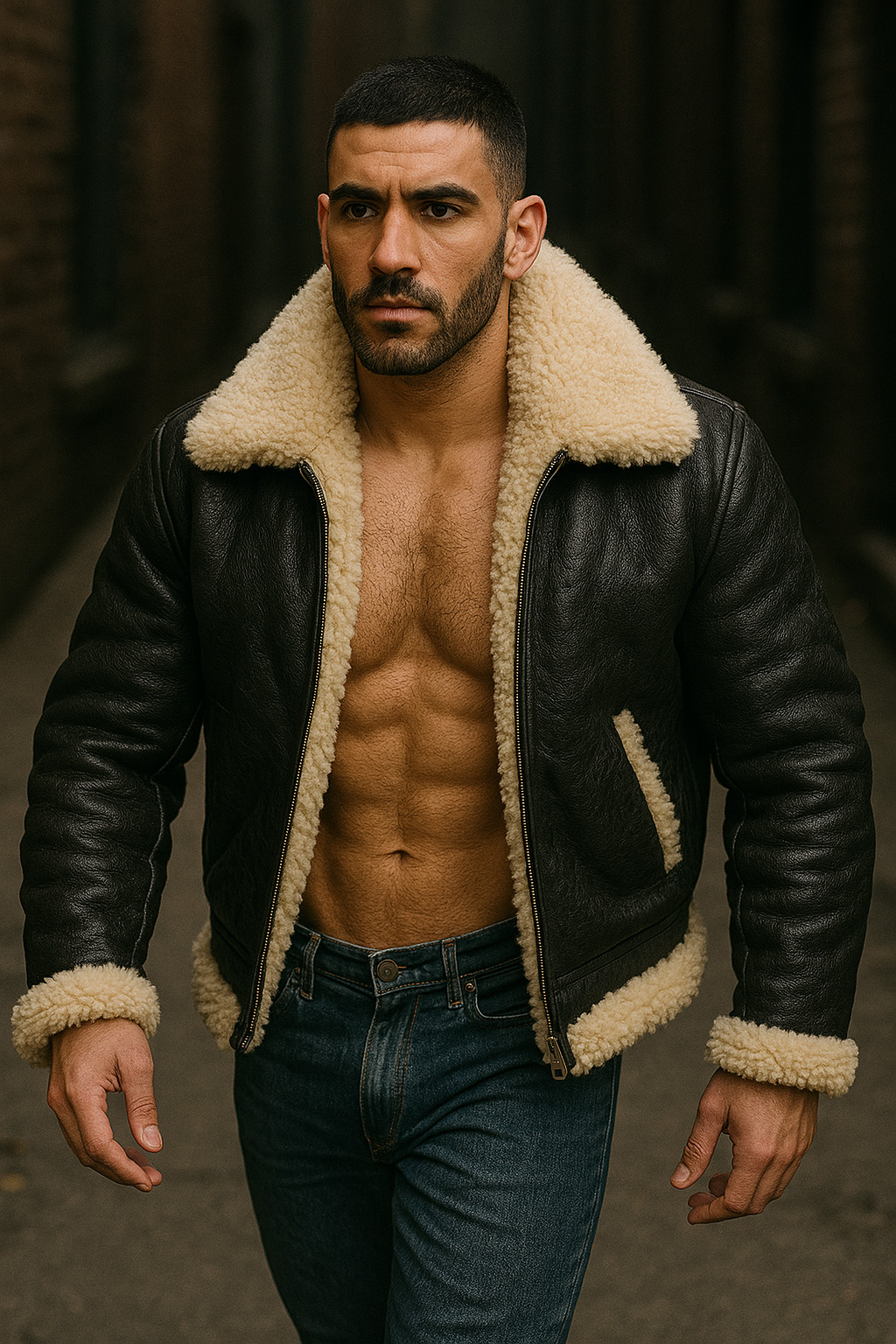 Cheveux courts, barbe brune, en marche, blouson aviateur cuir noir ouvert sur abdominaux saillants, col et poignets mouton crème.