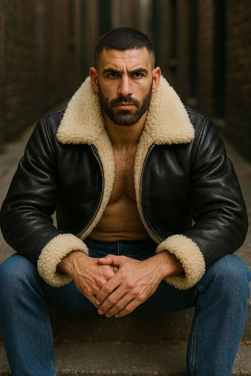 Assis, cheveux courts et barbe brune, mains jointes entre les genoux, blouson aviateur cuir noir, col mouton crème.