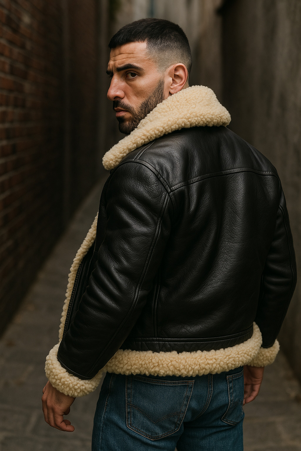 Vu de dos, cheveux courts et barbe brune, regard par-dessus l'épaule, blouson aviateur cuir noir, ourlet mouton crème.