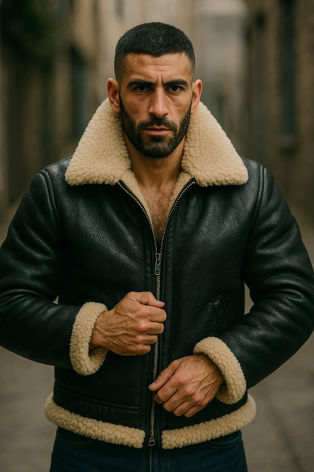 Cheveux courts et barbe brune, il referme le zip du blouson aviateur cuir noir, col et poignets mouton crème.