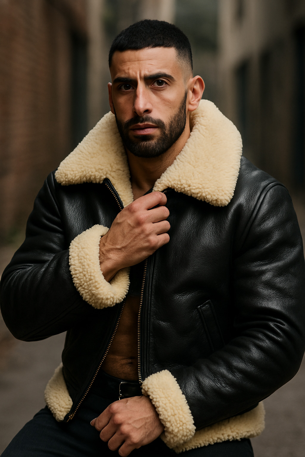 Cheveux courts et barbe brune, il empoigne le col mouton crème de son blouson aviateur cuir noir, regard intense.