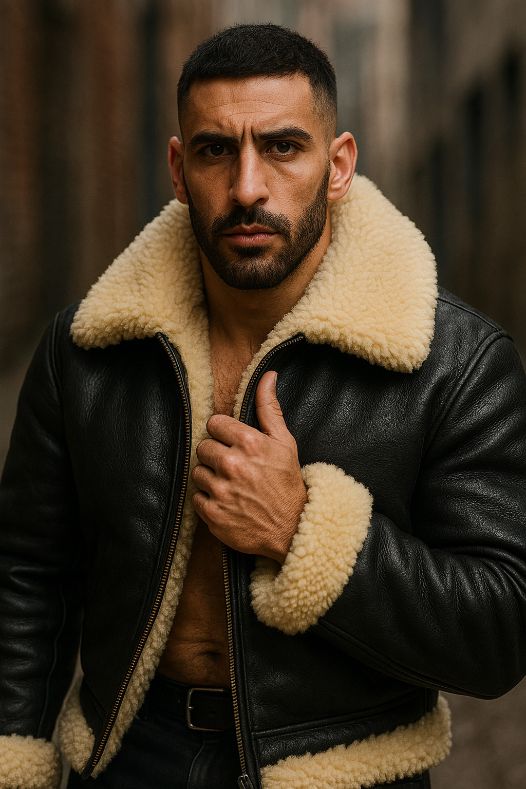 Cheveux courts et barbe brune, il tient le col mouton crème de son blouson aviateur cuir noir, regard droit.