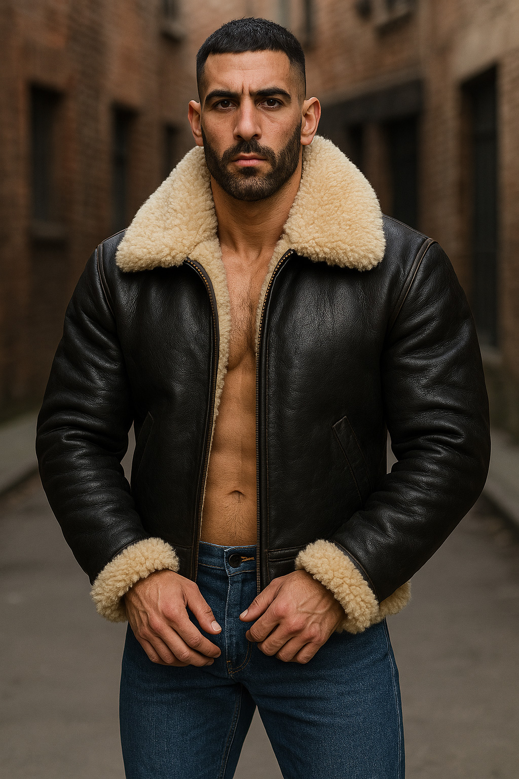 Cheveux courts et barbe fournie, blouson aviateur cuir noir entrouvert, grand col mouton crème, mains à la ceinture, regard fixe.