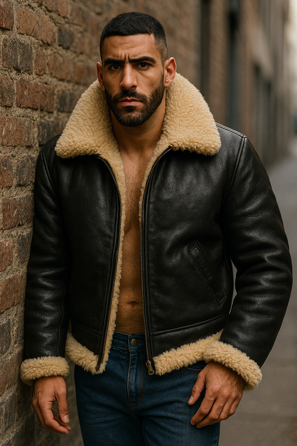 Adossé aux briques, cheveux courts et barbe brune, blouson aviateur cuir noir entrouvert, col mouton crème, regard droit vers l'objectif.