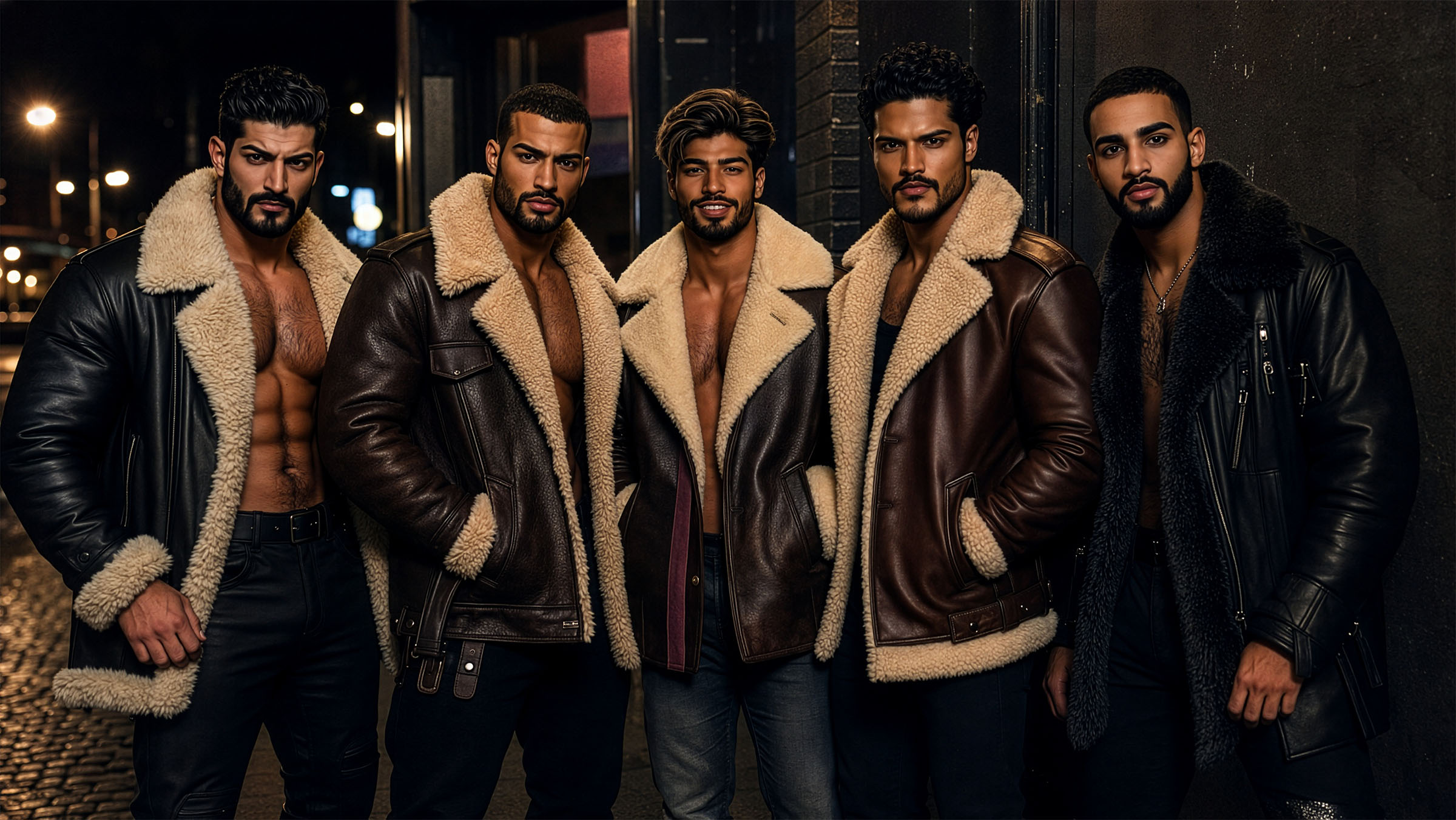 La meute Wolfpact de nuit : les mêmes cinq hommes en blousons shearling, dans une ruelle pavée éclairée de réverbères.
